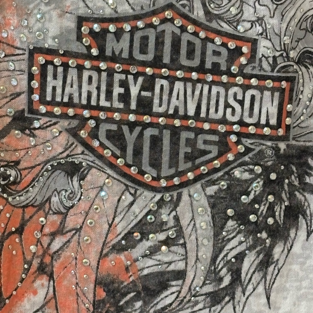 Harley-Davidson White Tee with Orange Stripe Raglan Sleeves and Winged Graphic - Picture 2 of 5